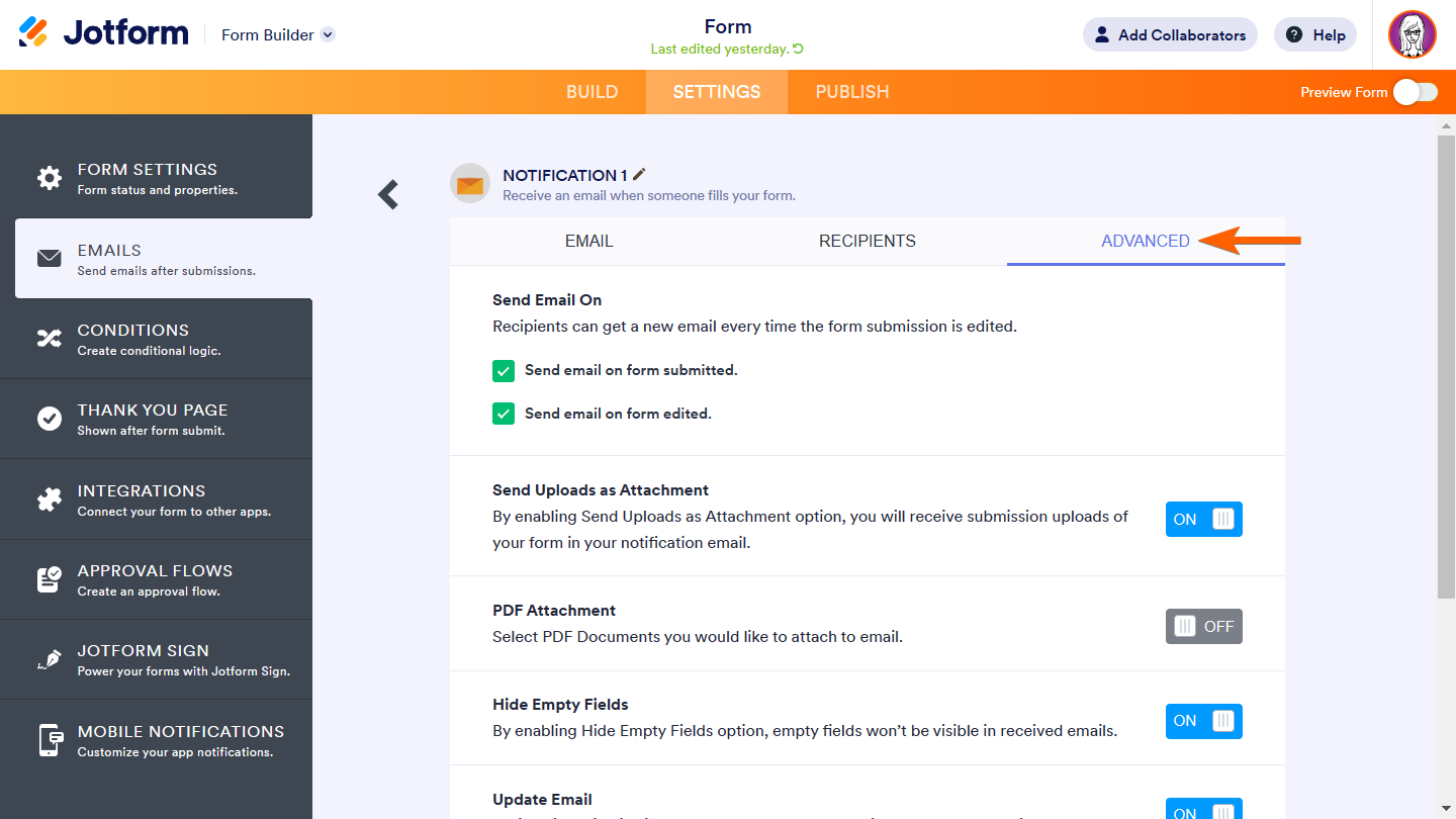 The Advanced tab in Jotform Form Builder