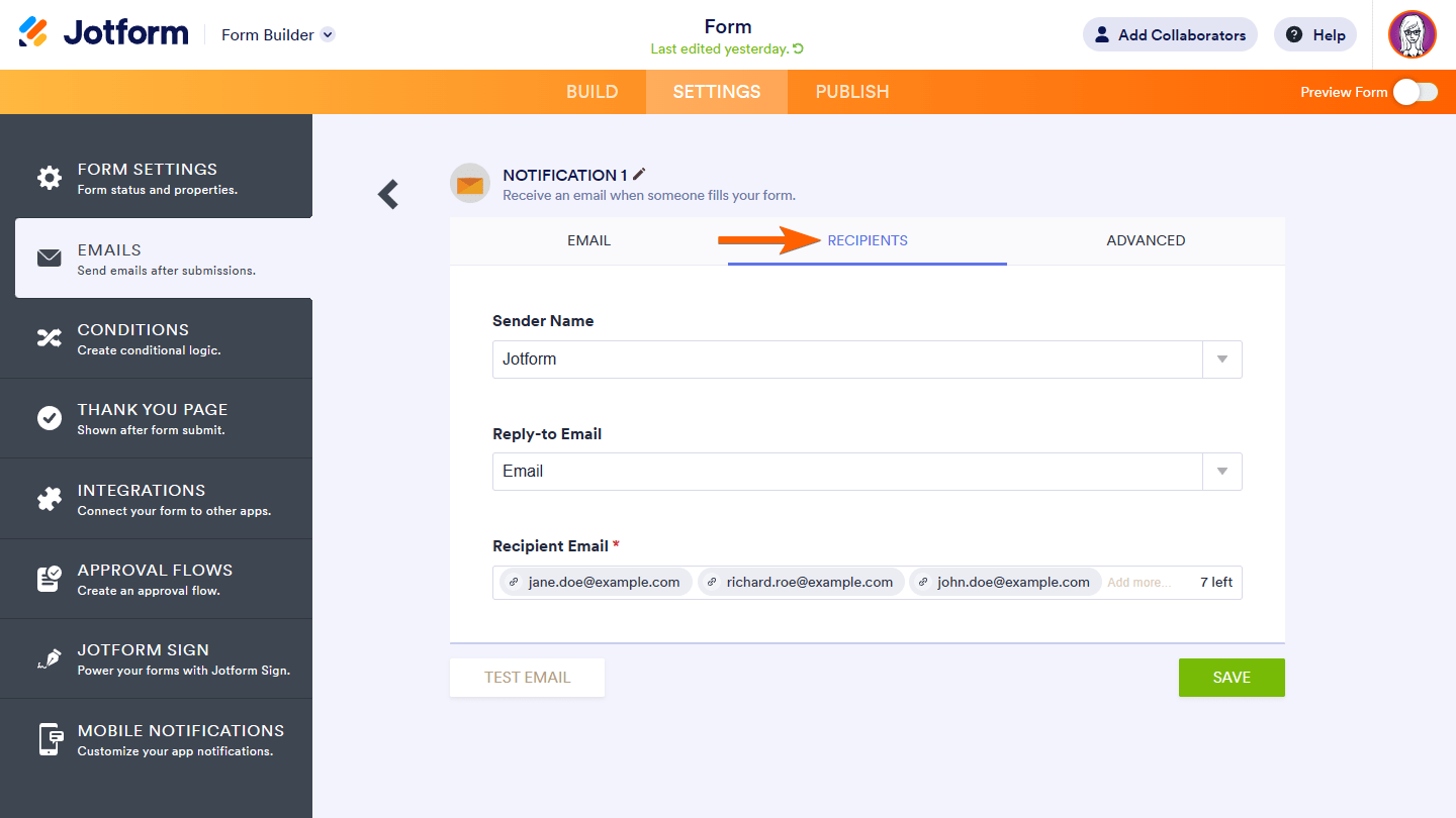 The Recipients tab in Jotform Form Builder