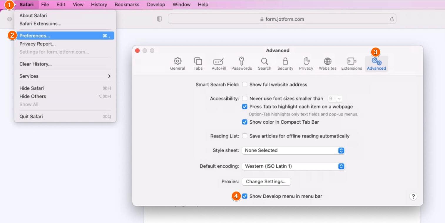 Steps to enable the Show Develop menu in menu bar option in Safari