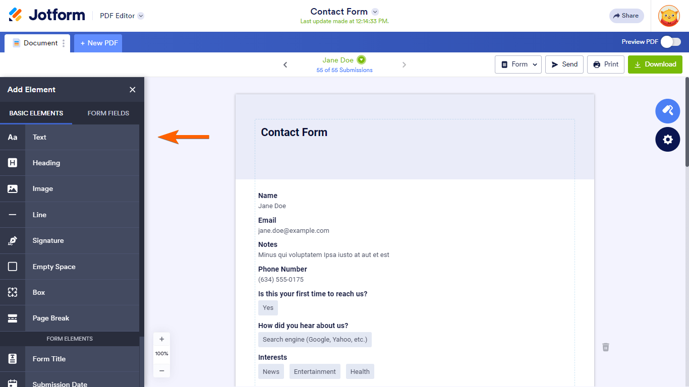 Steps to add elements in Jotform PDF Editor