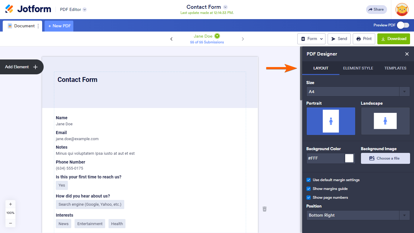 Steps to view customization options in Jotform PDF Editor