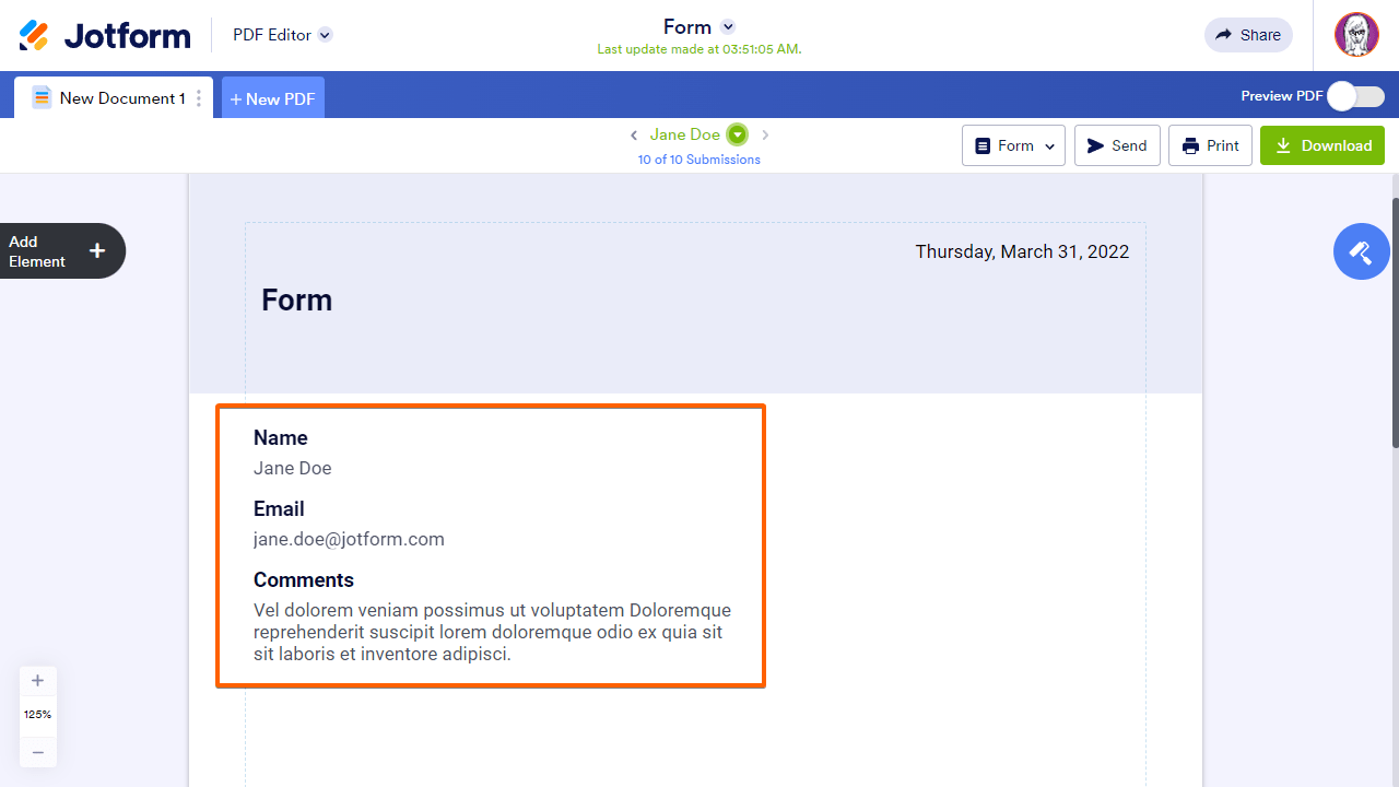 Side-by-side view of the form and PDF Editor