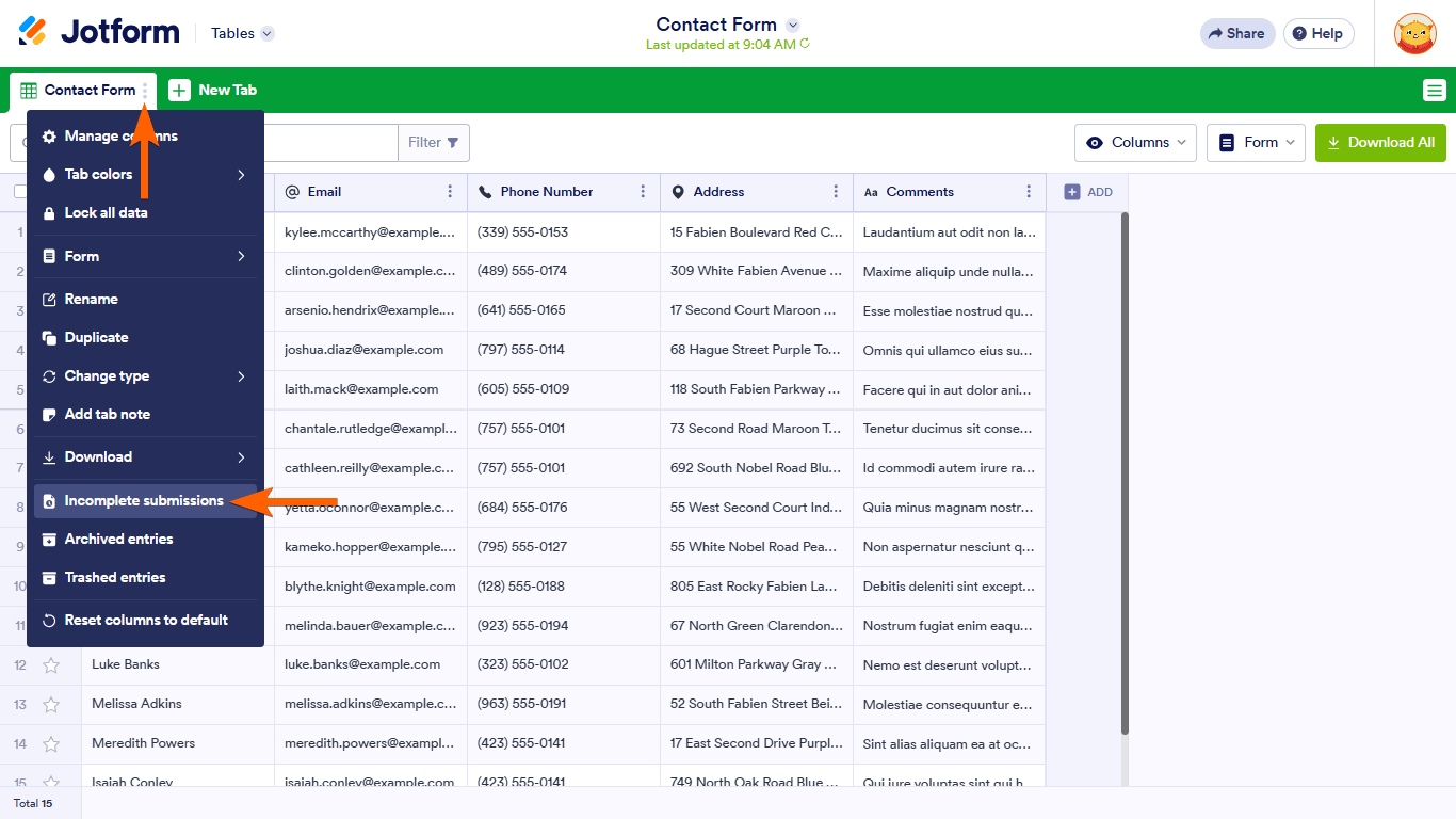 How to View Incomplete Submissions in Jotform Tables