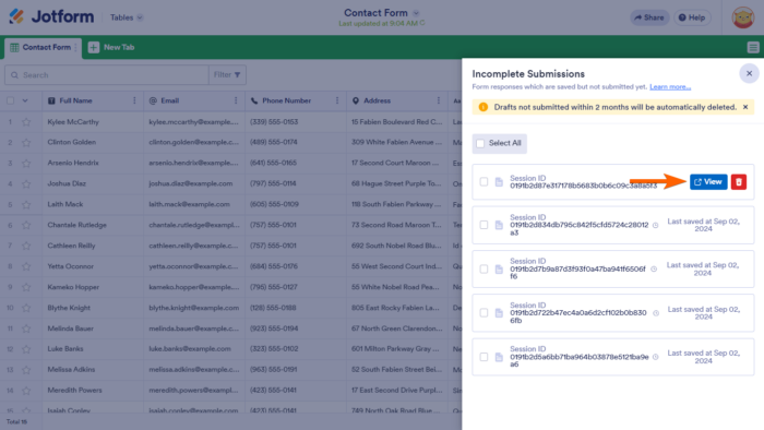 How to View Incomplete Submissions in Jotform Tables