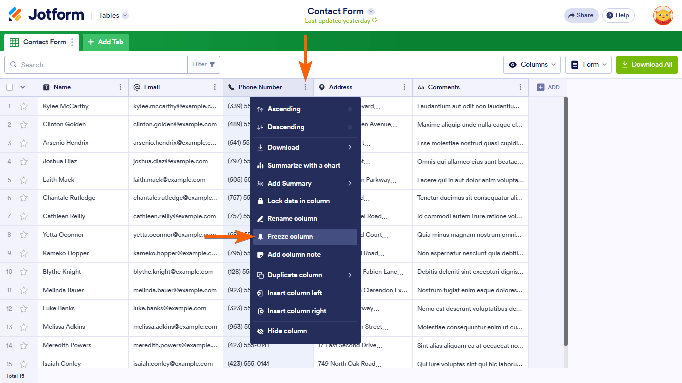 How to Freeze and Unfreeze Columns in Jotform Tables