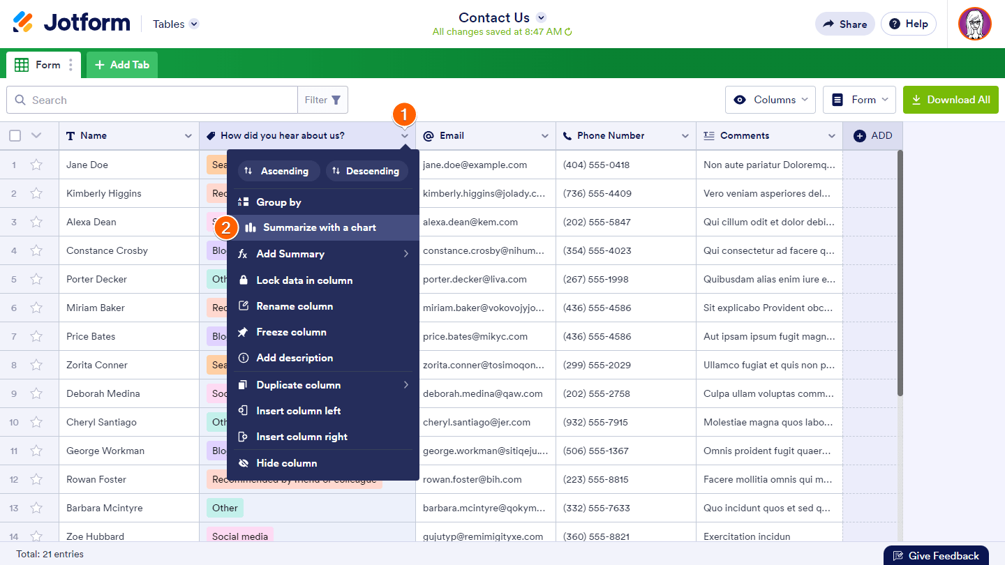 How to View Answer Summary Charts in Jotform Tables