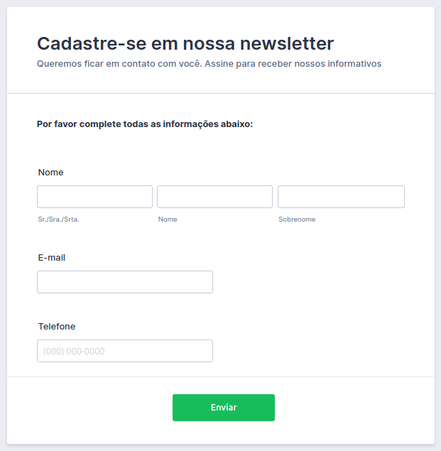 formulário para inscrição de e-mail