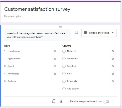 A screenshot of a completed multiple-choice grid Google Form example