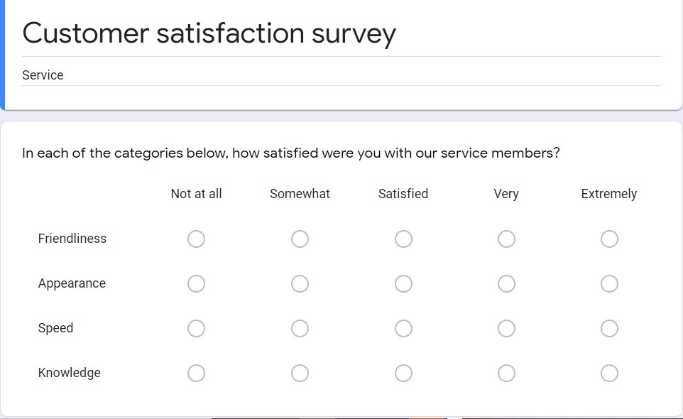 A screenshot of a customer satisfaction survey example in Google Forms, featuring a multiple-choice grid