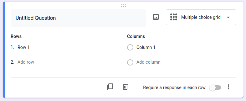 A screenshot of a multiple-choice grid Google Form example, with established columns and rows