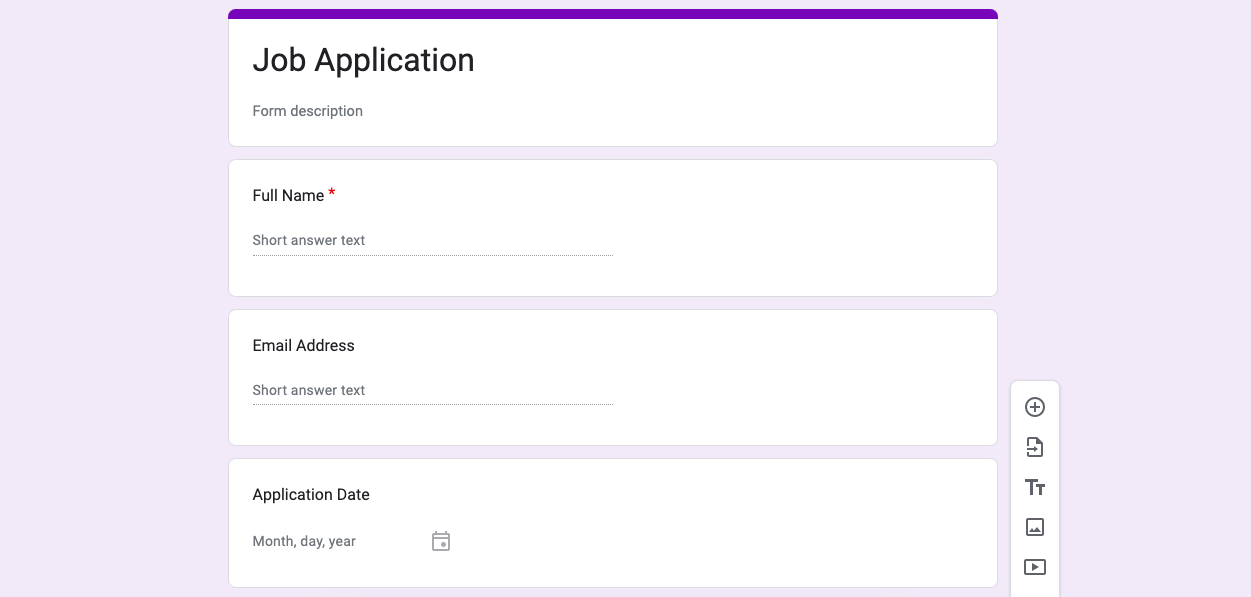 A custom Google Forms job application