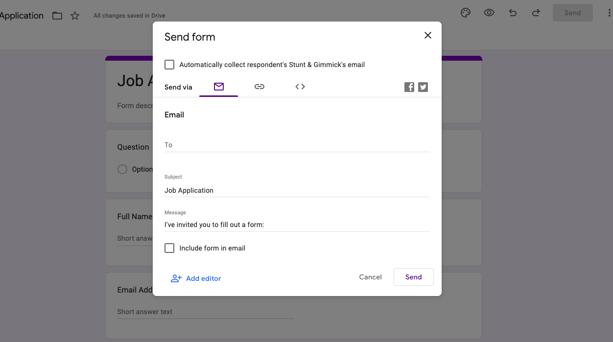 A Google Drive menu for distributing a Google Forms job application