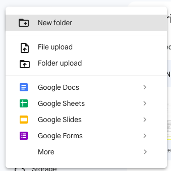 A screenshot of a Google Drive menu to create a new document