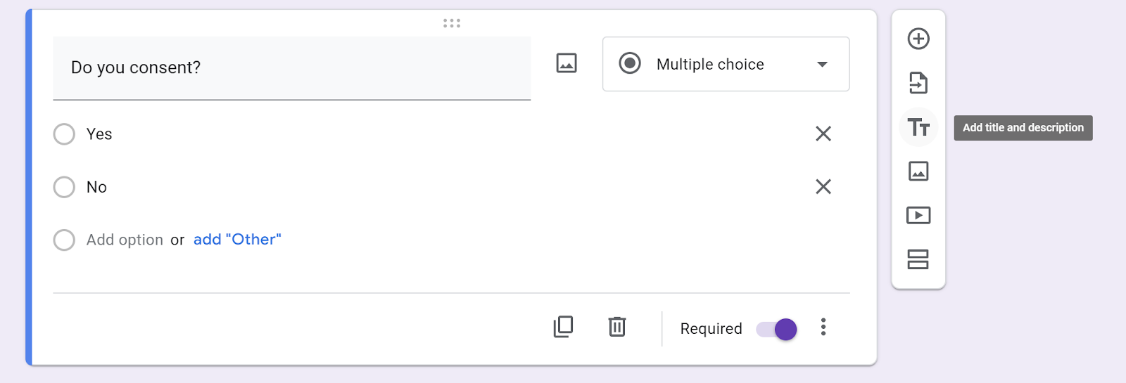 Screenshot of Google Form question and options sidebar with “Add title and description” button highlighted