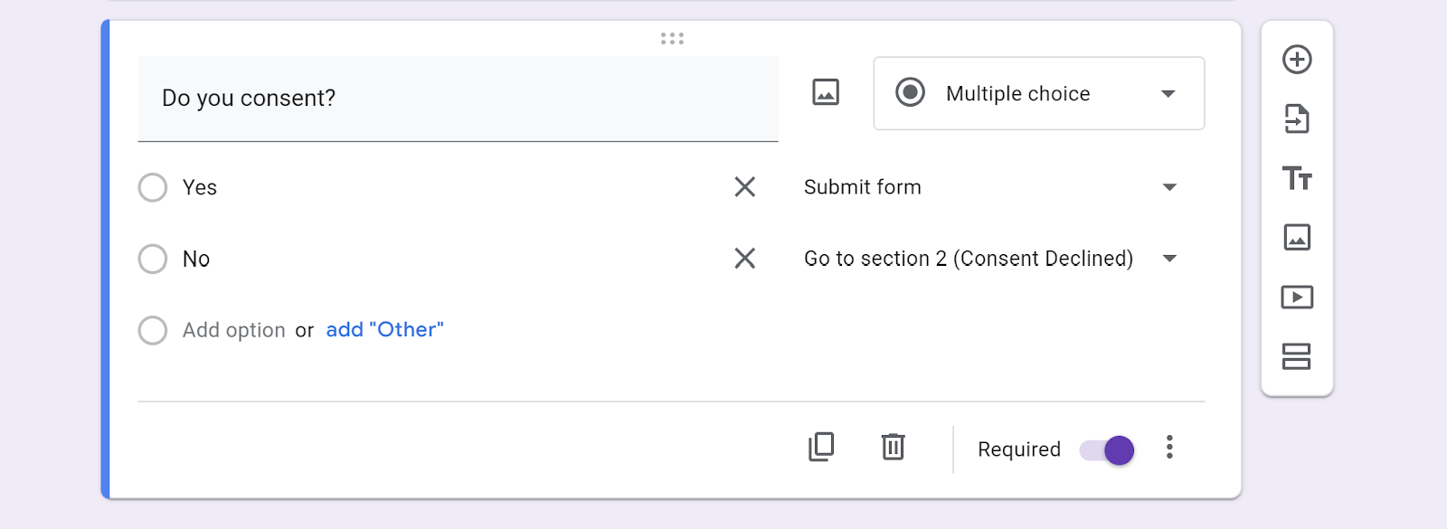 Screenshot of Google Forms question with the “yes” response directing to the submit form page and the “no” response directing to the “consent declined” section