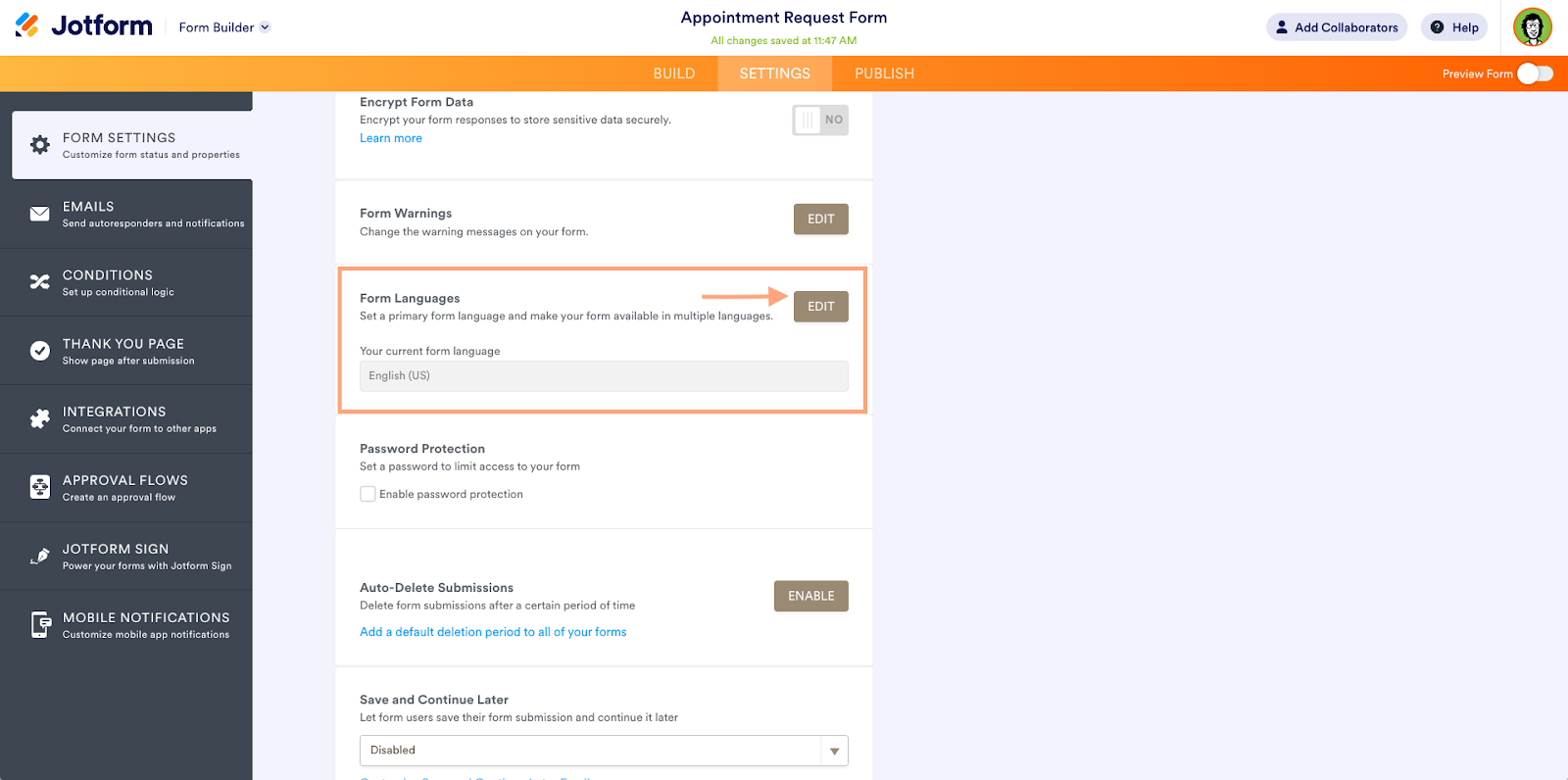 Form Settings Page in Jotform Form Builder Clicking on Edit on Form Languages Section