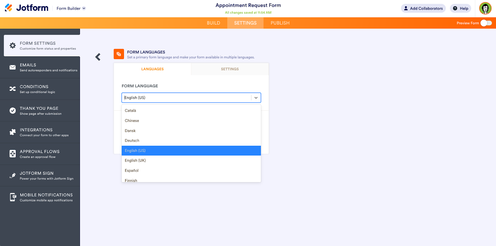 Choosing the Form Language in the Form Settings 