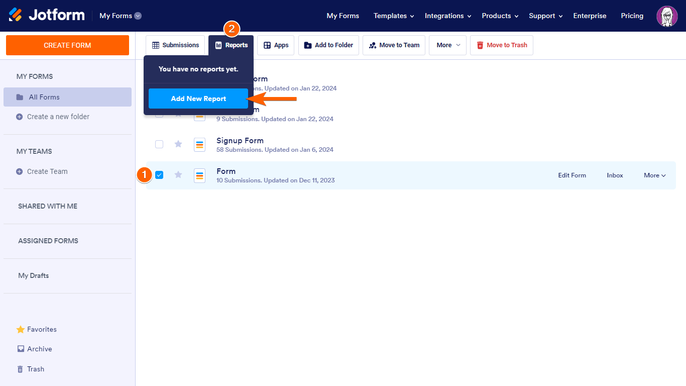 Steps to add a new report in Jotform