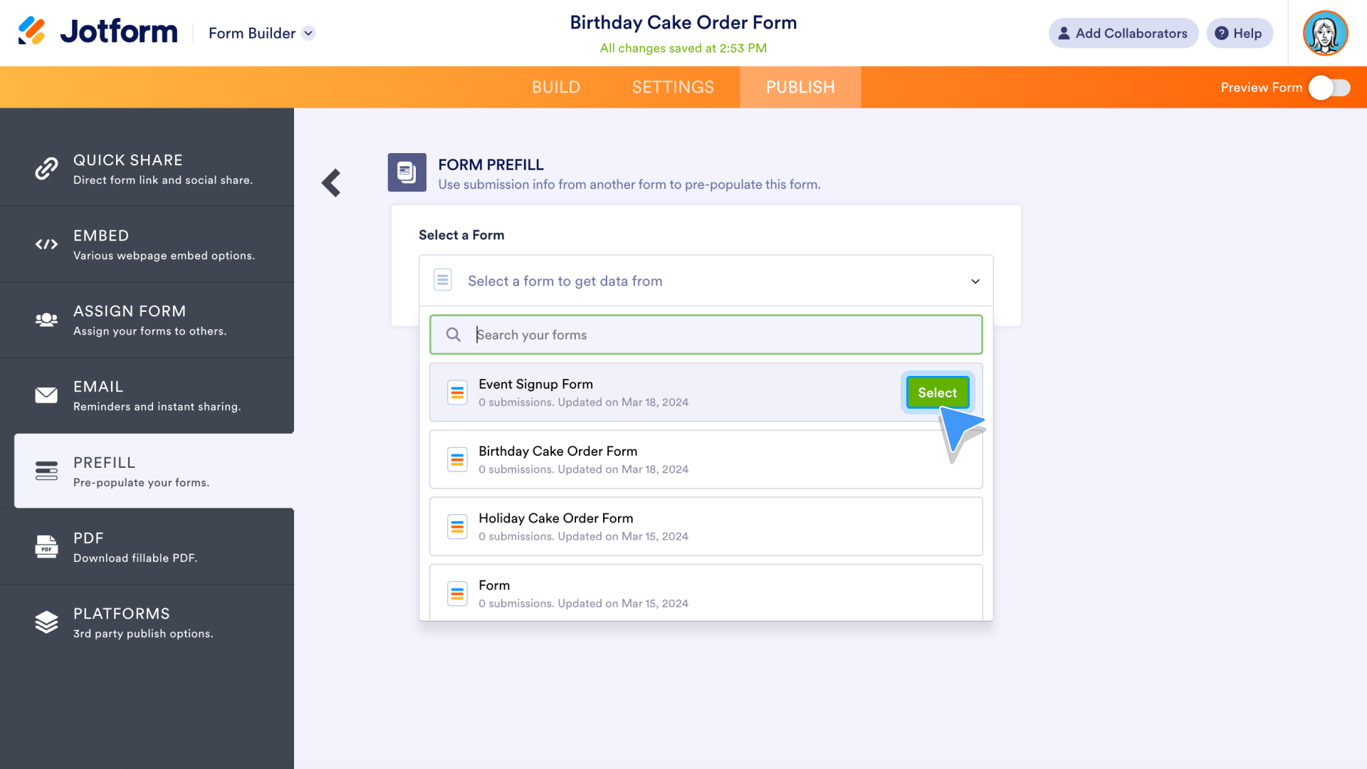 Form Prefill Select Form