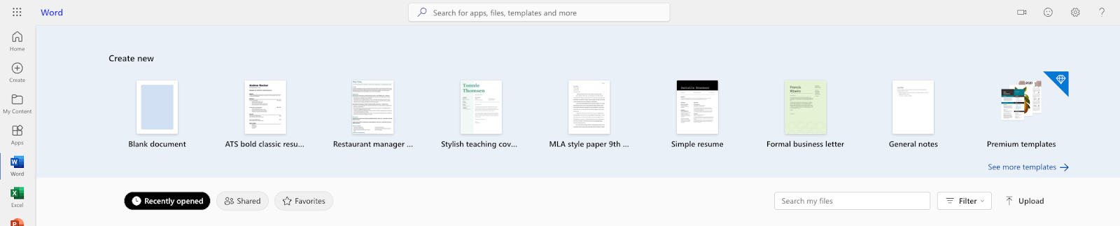 A Microsoft Word online interface displaying a variety of document templates for creating new files, such as resumes and letters