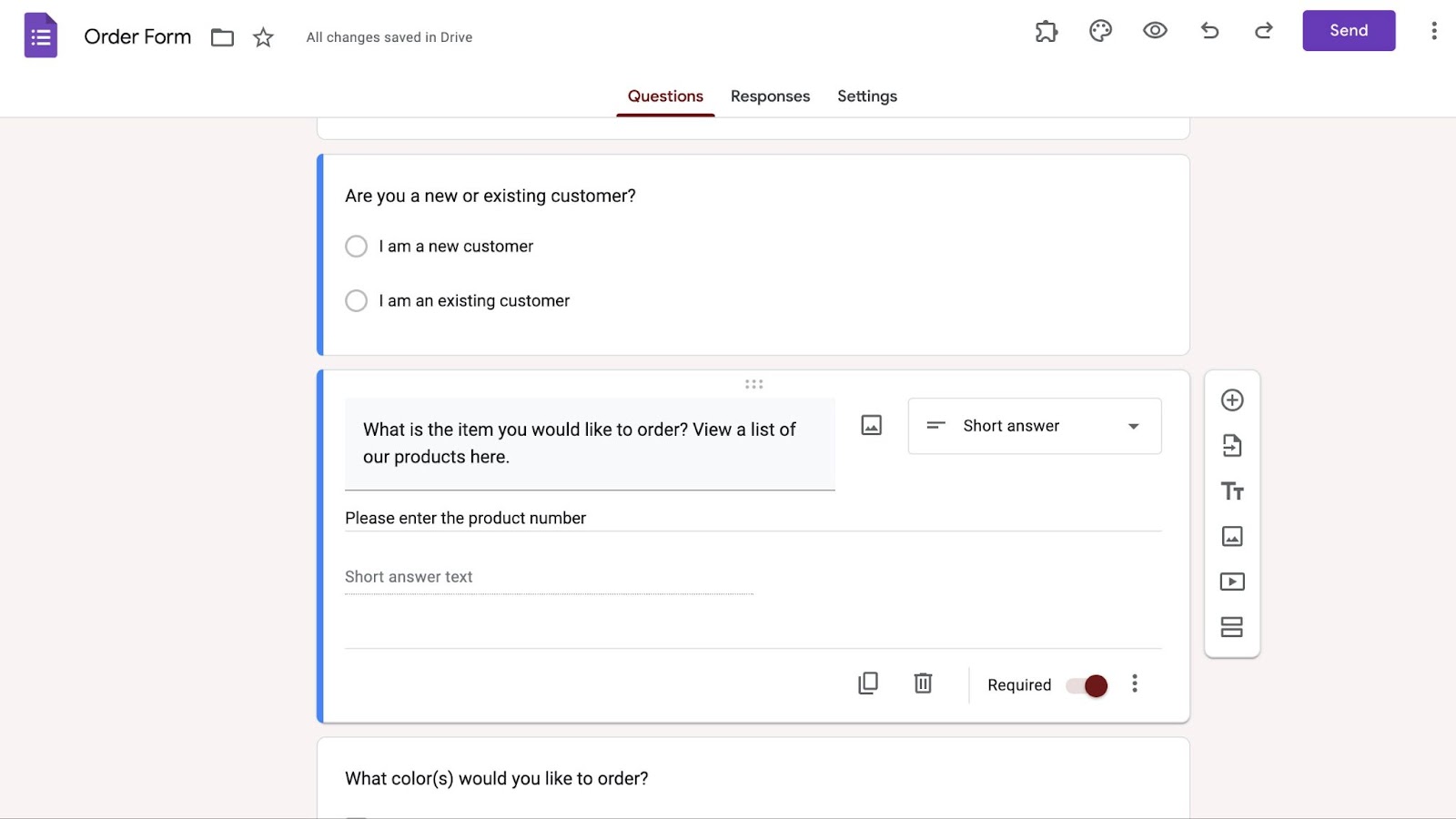 An image of an order form in the Google Forms builder