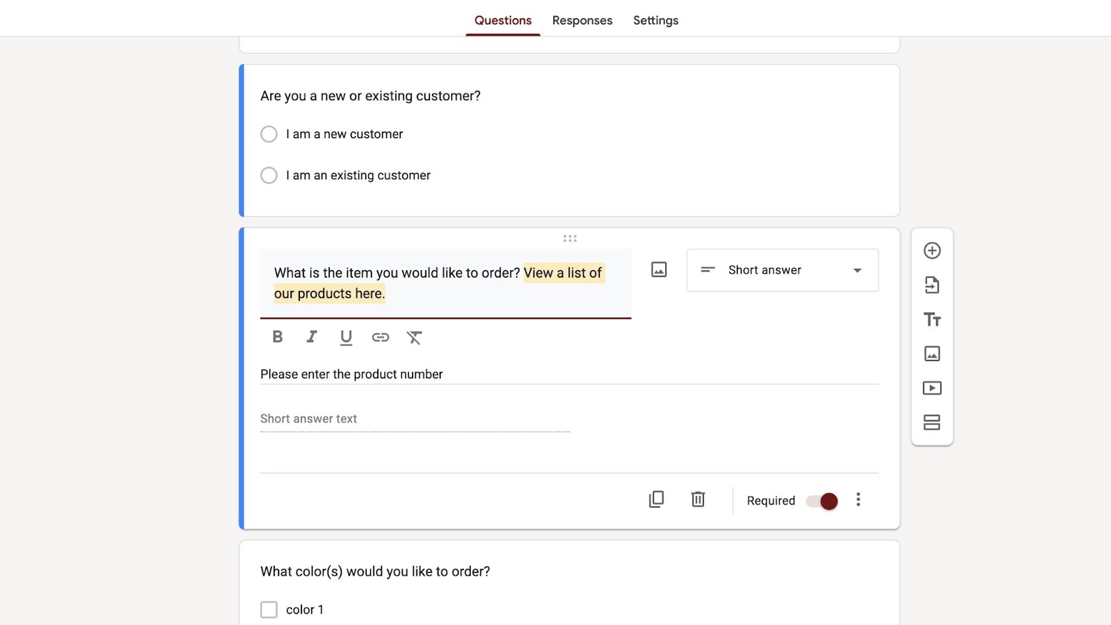 An image of an order form in the Google Forms builder