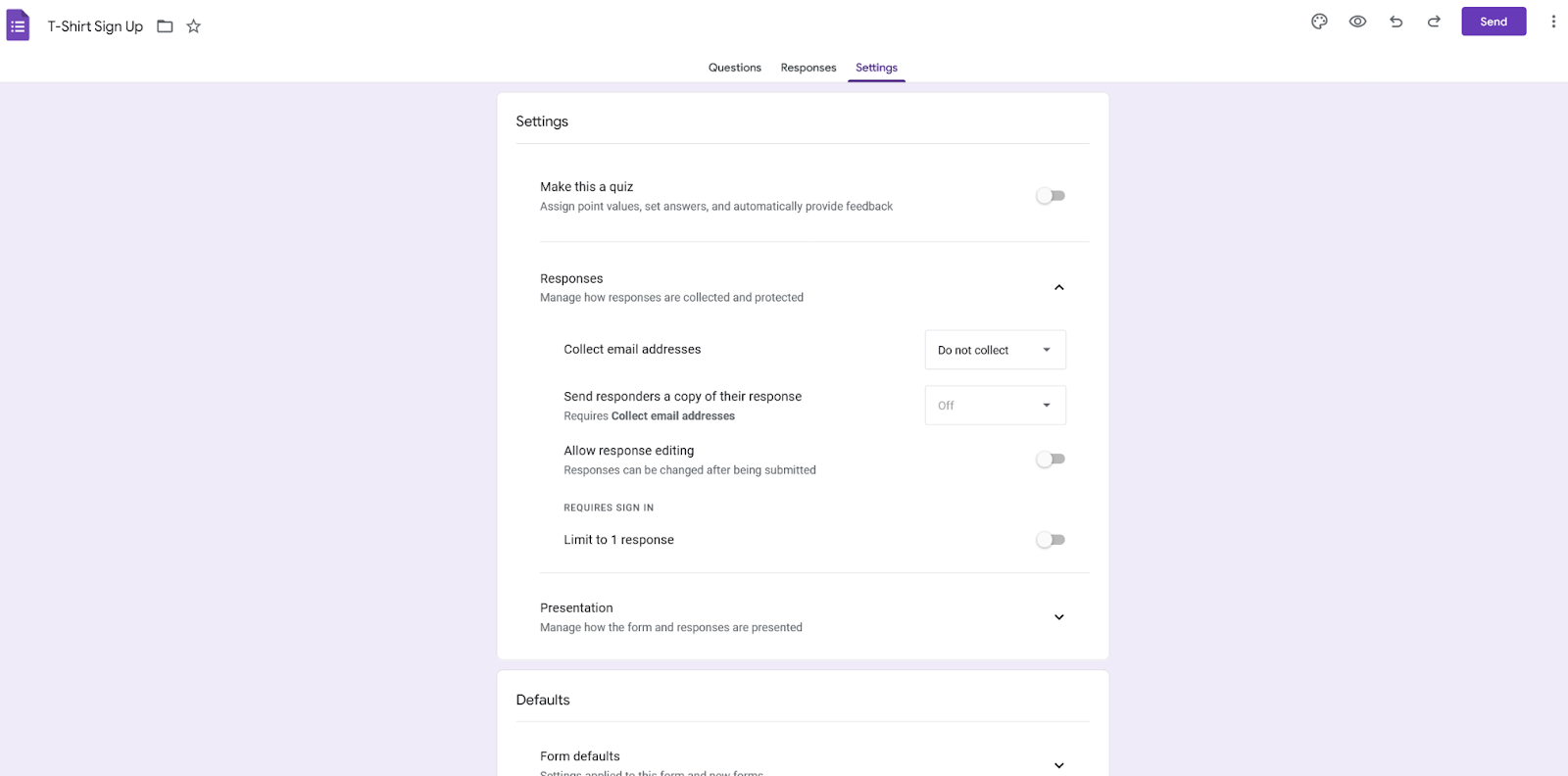 Options of Settings Tab in Google Forms