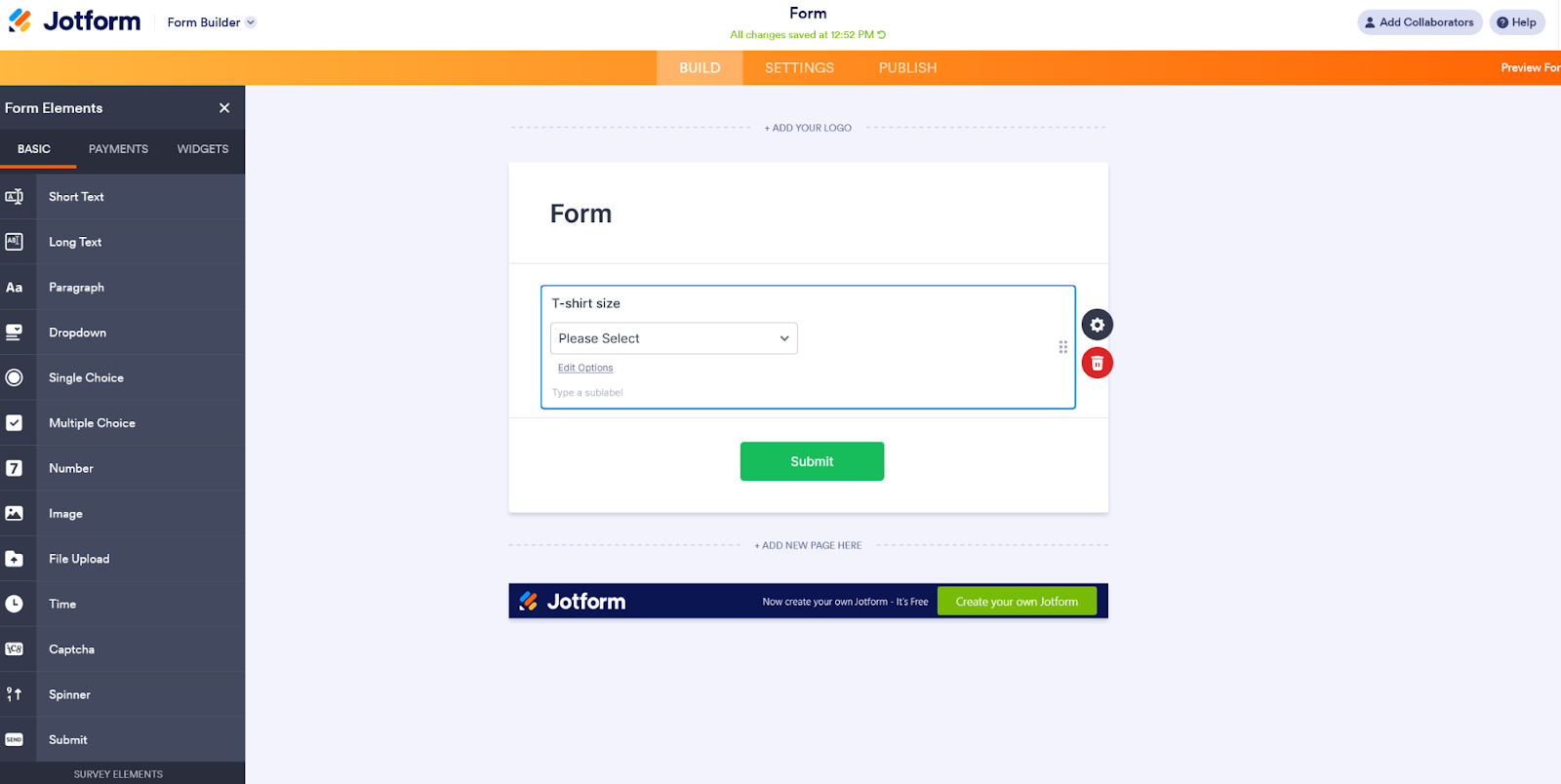 Adding T-Shirt Order Details in Jotform Form Builder