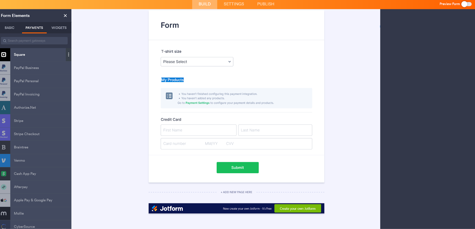 Adding a Payment Integration to the Form in Jotform Form Builder