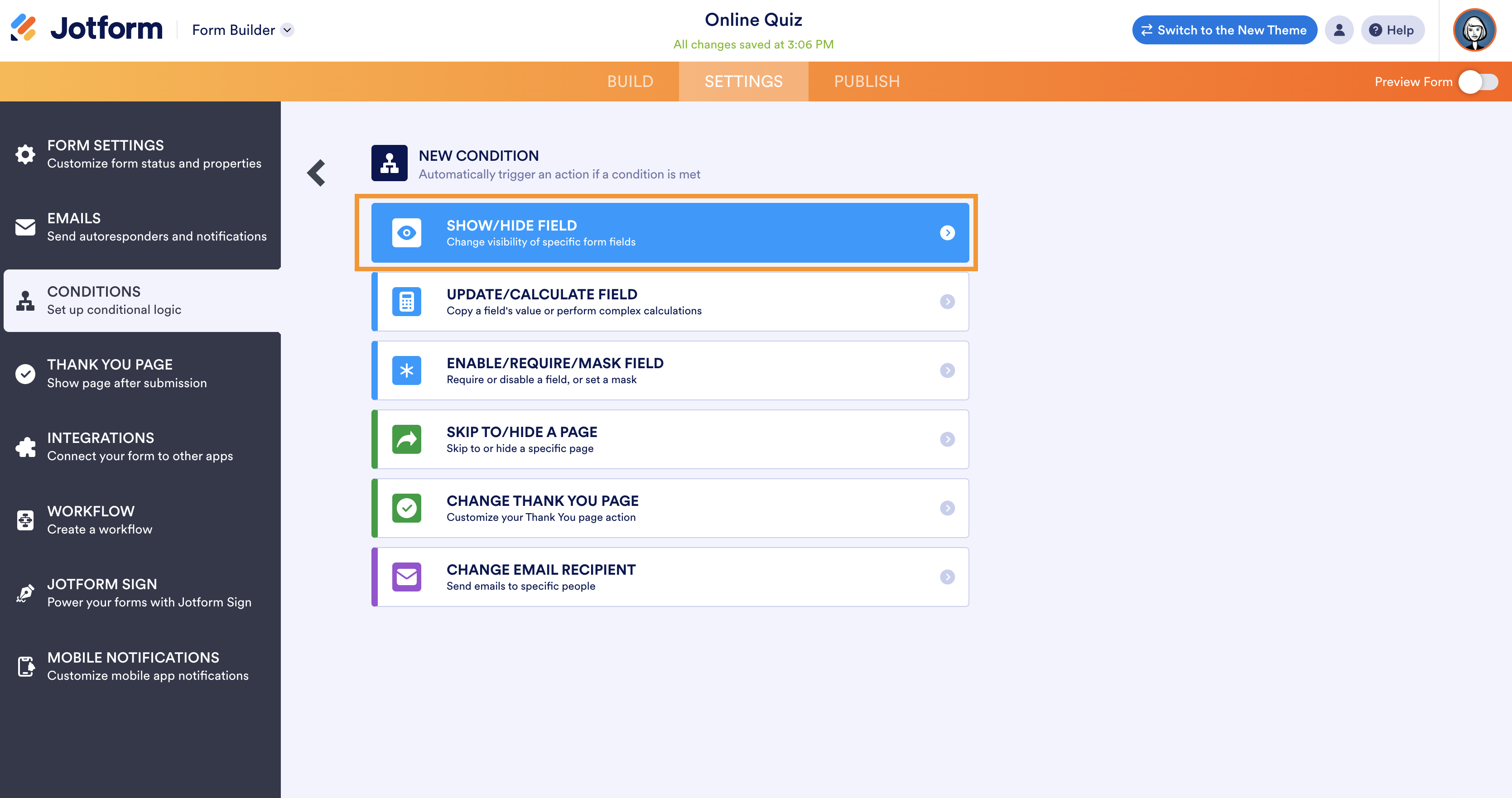 A screenshot of the Jotform form builder showing the options to create a new condition for an online quiz