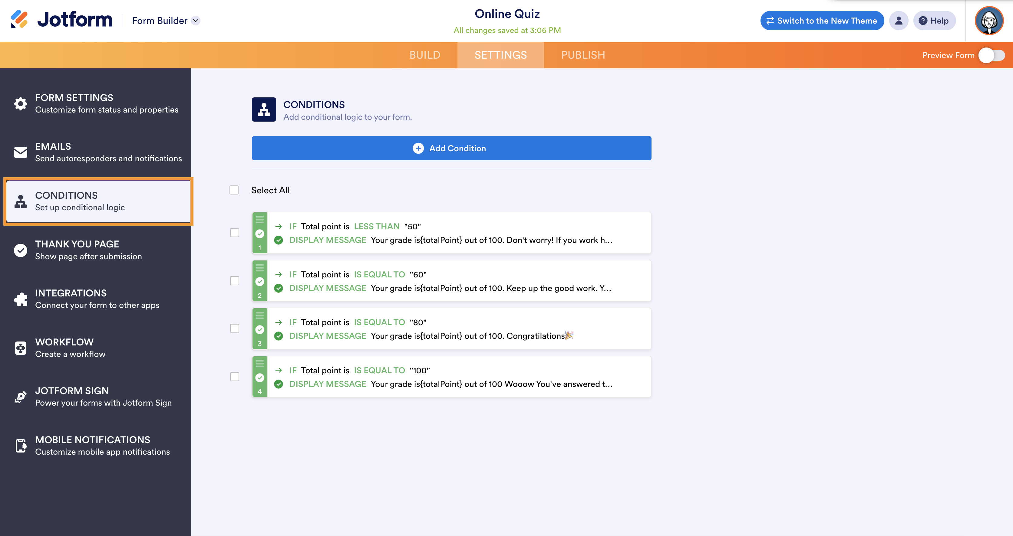 A screenshot of the Jotform form builder displaying the conditions page for an online quiz, showing conditional logic rules that display custom messages based on the total points a user scores on the quiz