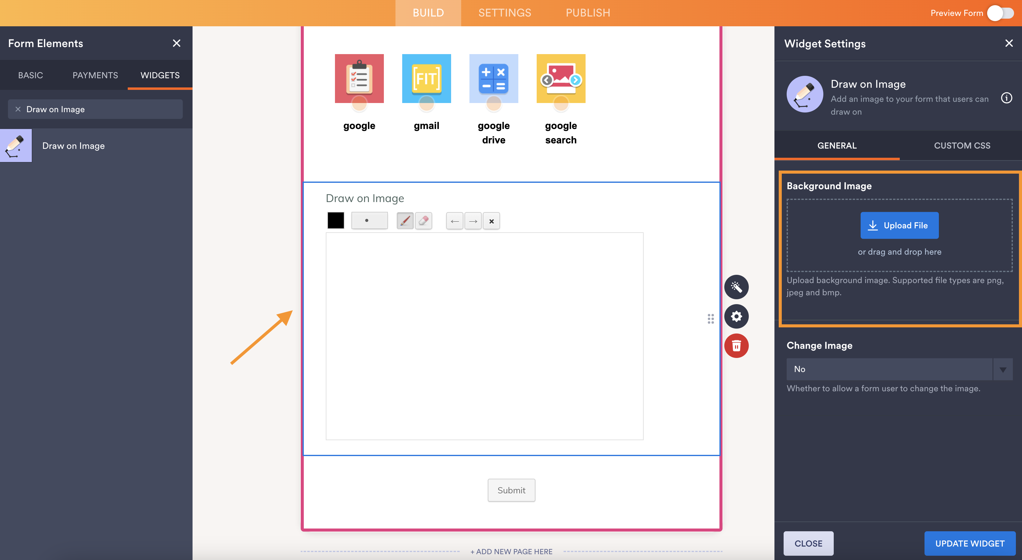 A screenshot of the Jotform form builder displaying the "Draw on Image" widget being added to the form, with a drawing interface visible