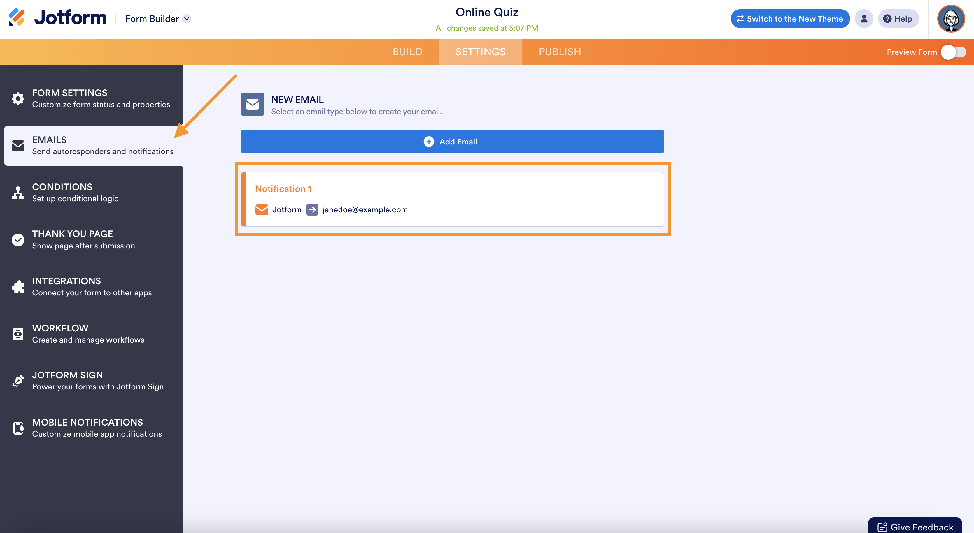 A screenshot of the Jotform form builder displaying the "Emails" section, where users can configure autoresponders and notifications