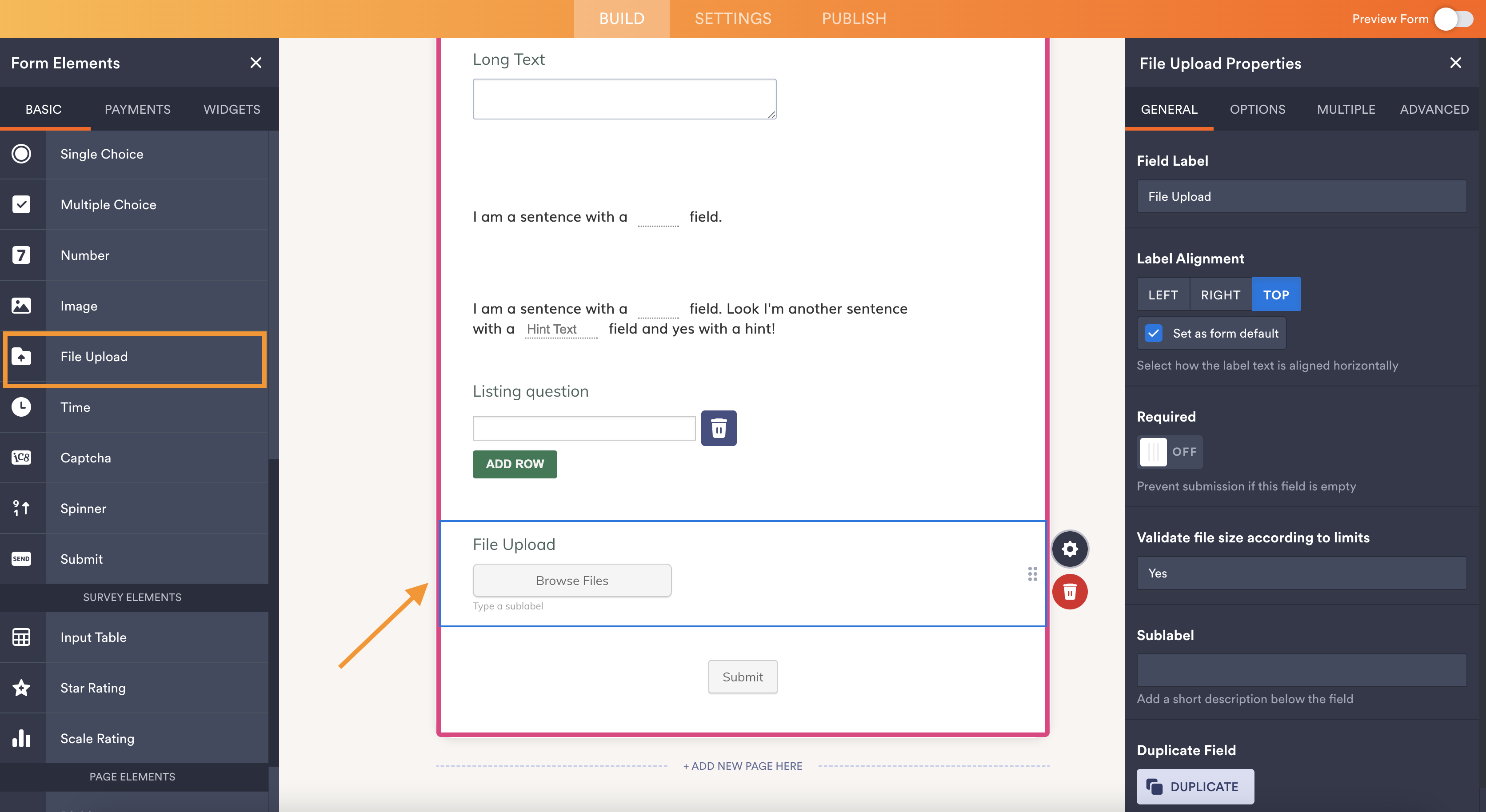 A screenshot of the Jotform form builder showing the "File Upload" element being added to a form with options to customize the field and its properties