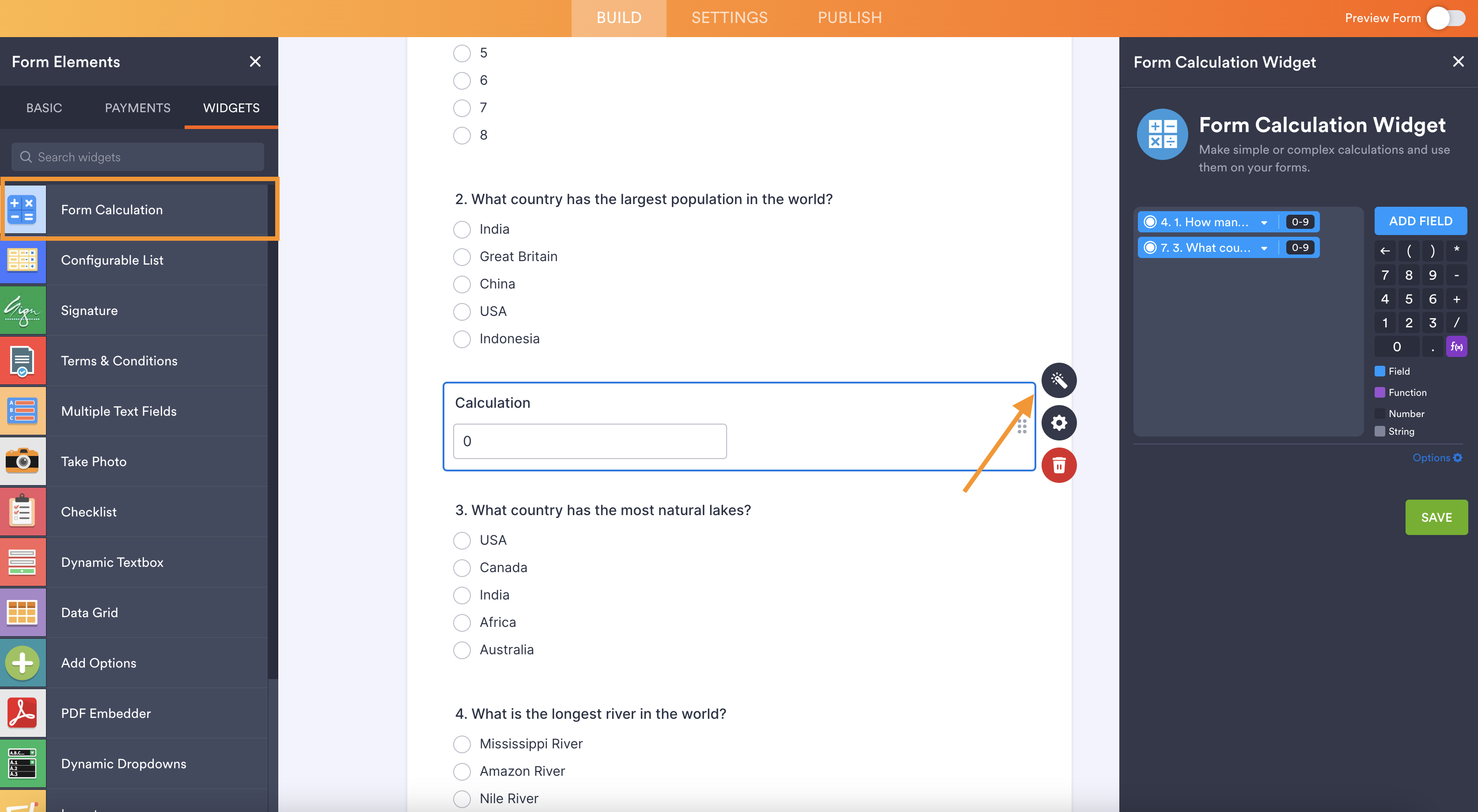 A screenshot of the Jotform form builder displaying the "Form Calculation" widget being added to a form, with a calculation field visible