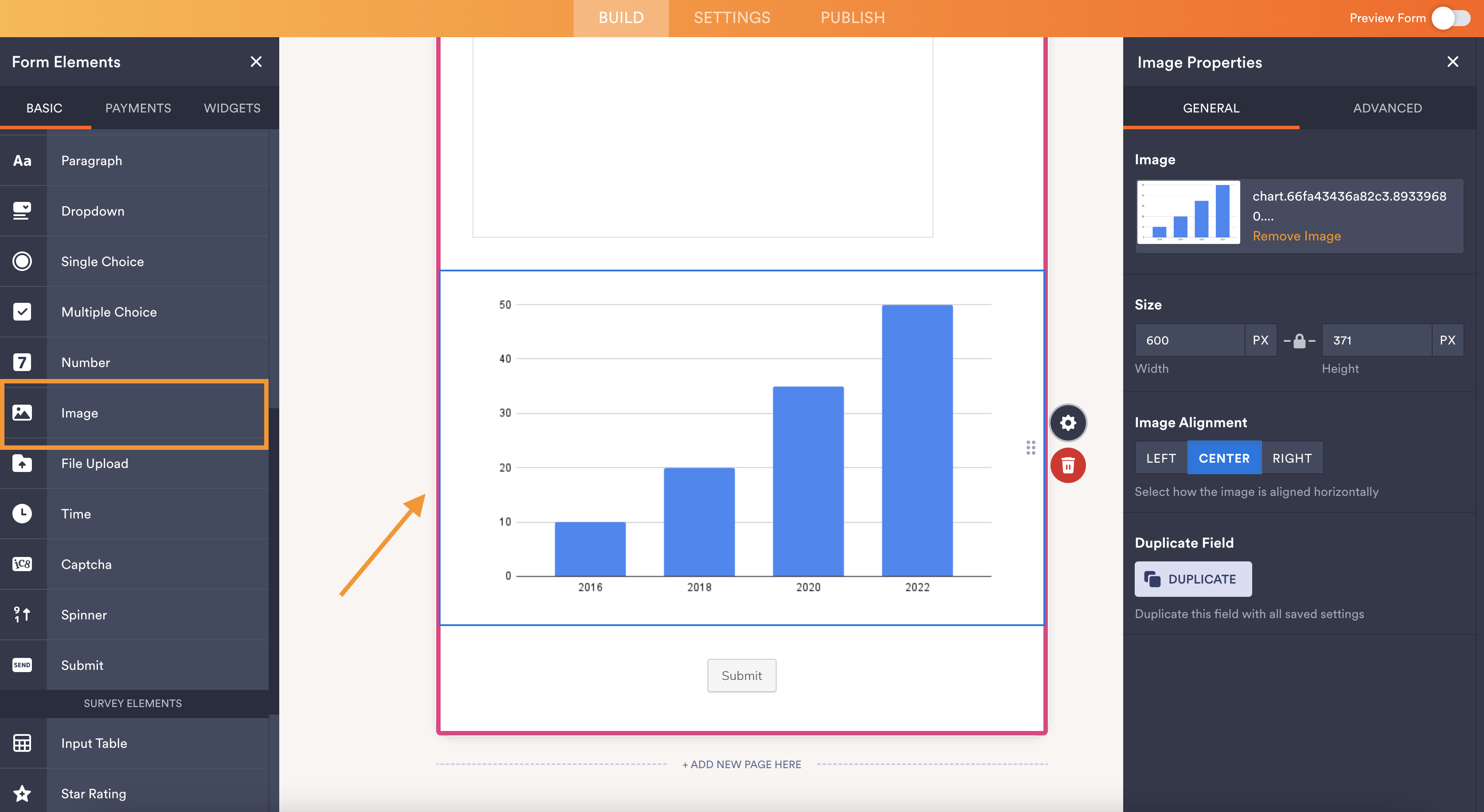 A screenshot of the Jotform form builder showing an image element being added to the form, displaying a bar chart with the years 2014 to 2017, and options to adjust the image properties