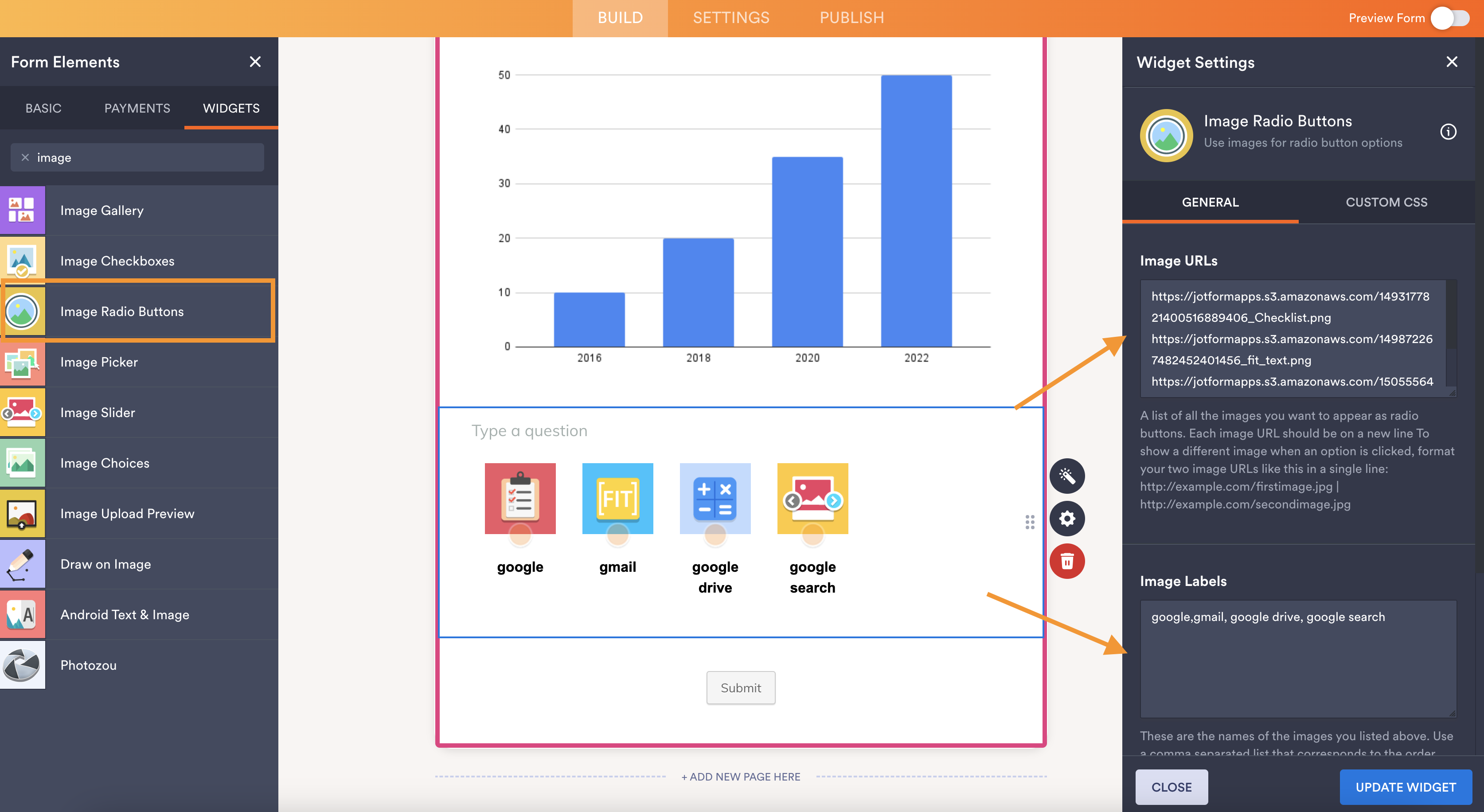 A screenshot of the Jotform form builder displaying the "Image Radio Buttons" widget being added to the form, with icons for different services (Google, Gmail, Google Drive, Google search)