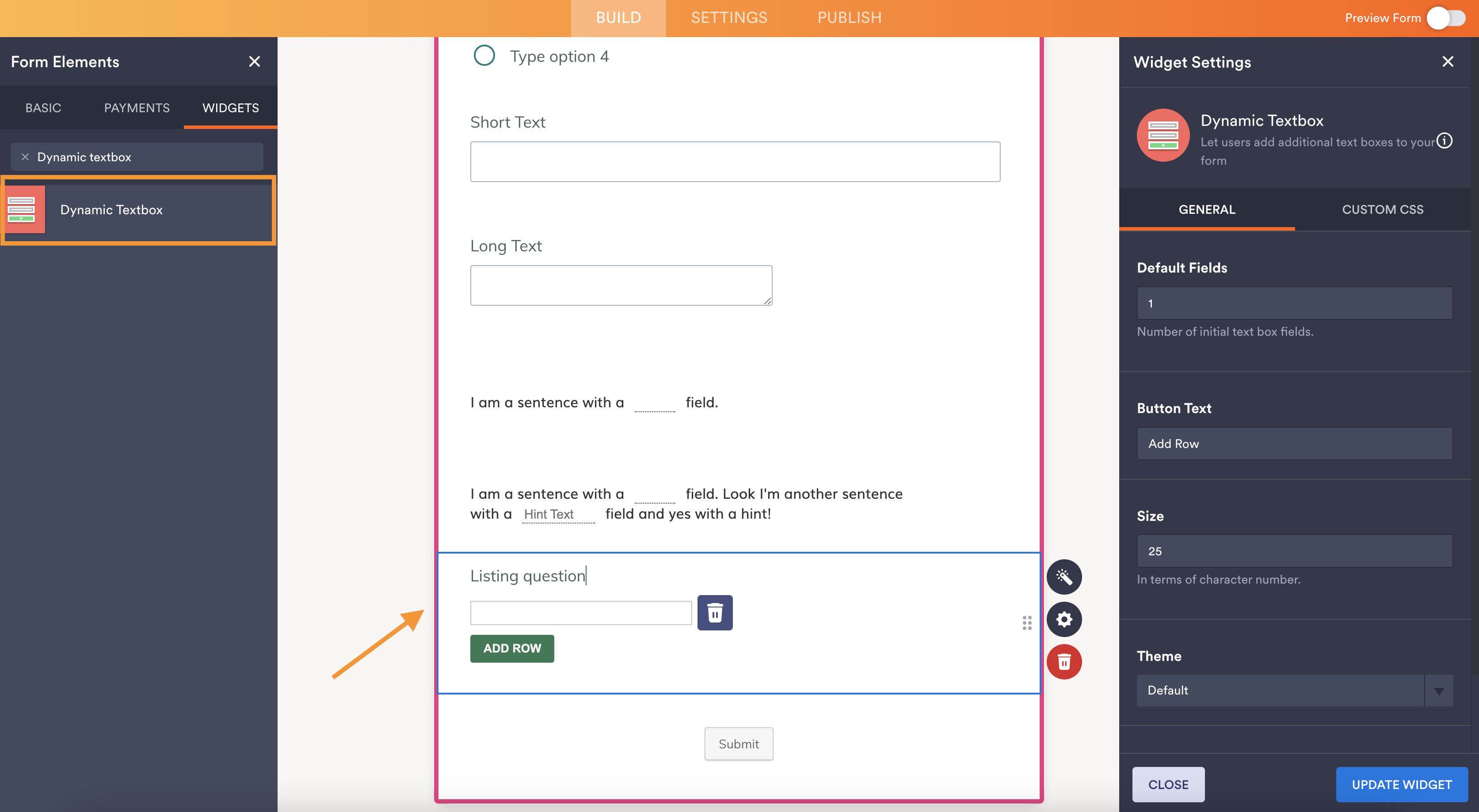 A screenshot of the Jotform form builder showing the "Dynamic Textbox" widget