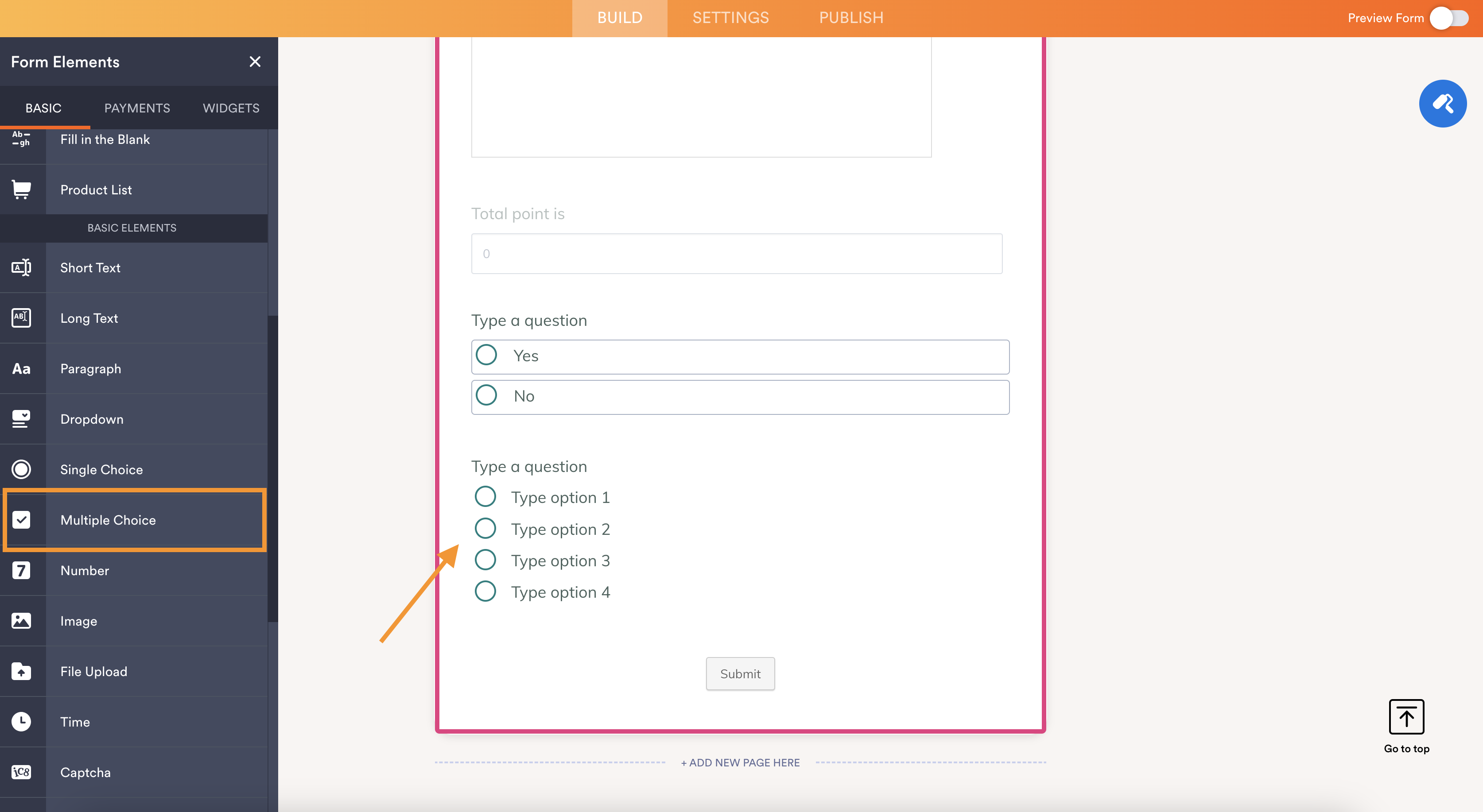 A screenshot of the Jotform form builder showing the "Multiple Choice" element