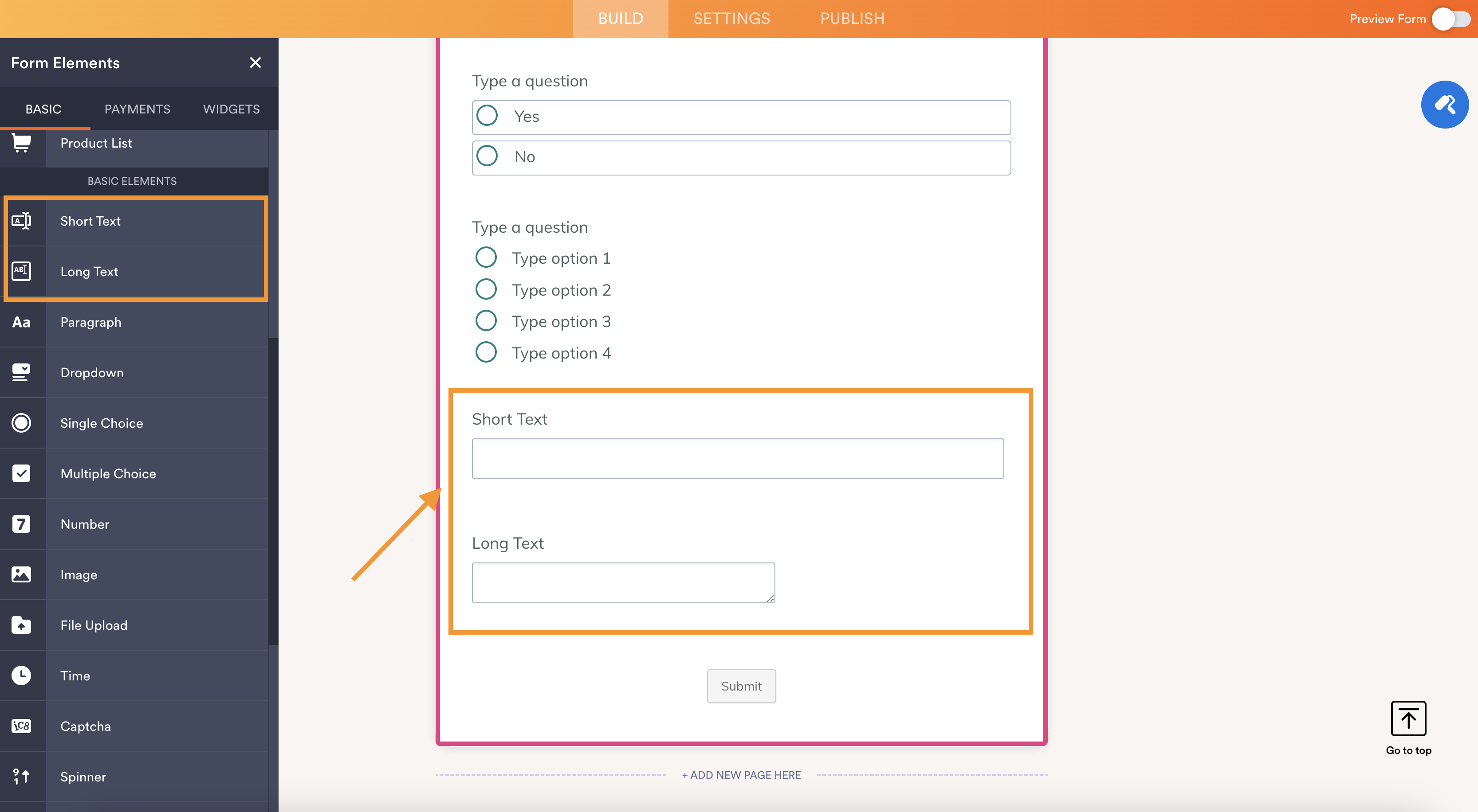 A screenshot ofr the Jotform form builder showing open-ended element