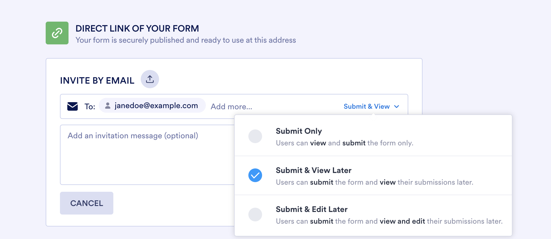 A screenshot of the Jotform form builder displaying the "Invite by Email" section, where an email address is entered for sending the form invitation