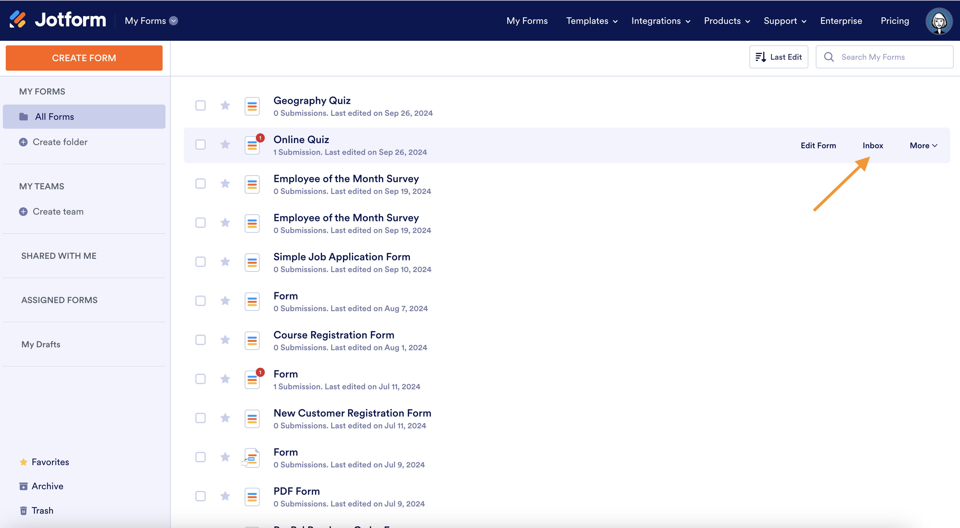 A screenshot of the Jotform dashboard showing a list of forms, with the "Online Quiz" form selected