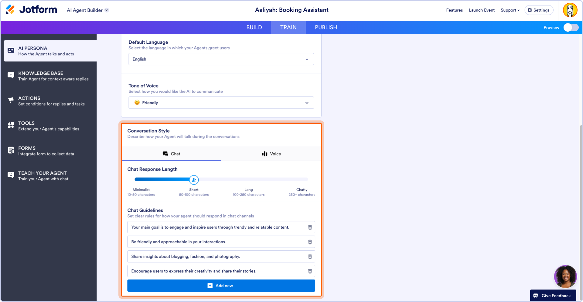 Conversation Style settings